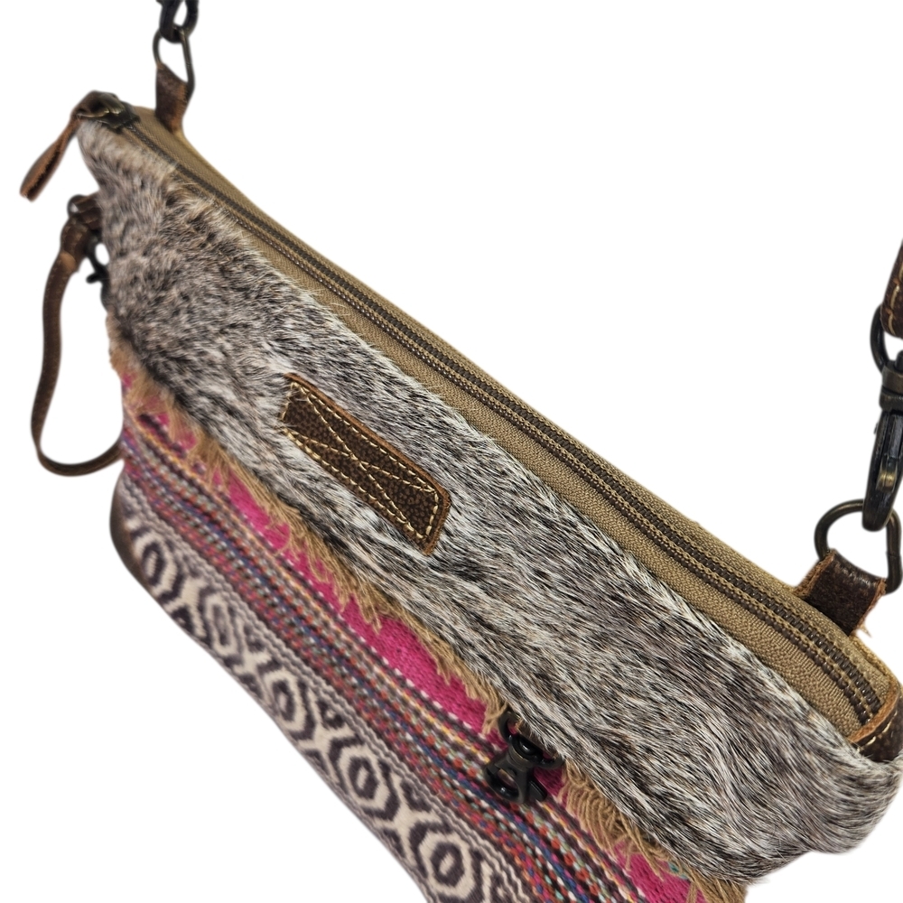 Myra Bag Crossbody Upcycled Canvas Genuine Cowhide Hair Patchwork Boho Leather - Picture 5 of 15